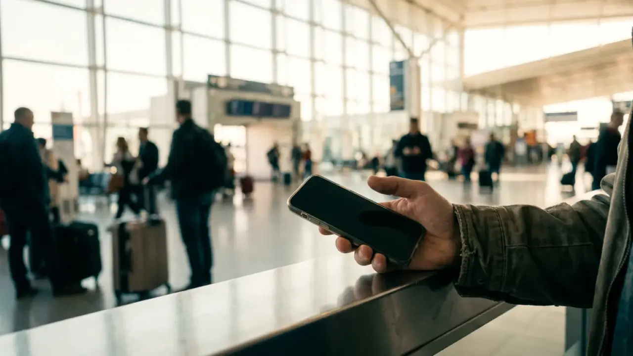 A hand holding a phone in an airport departure hall, travellers out of focus behind