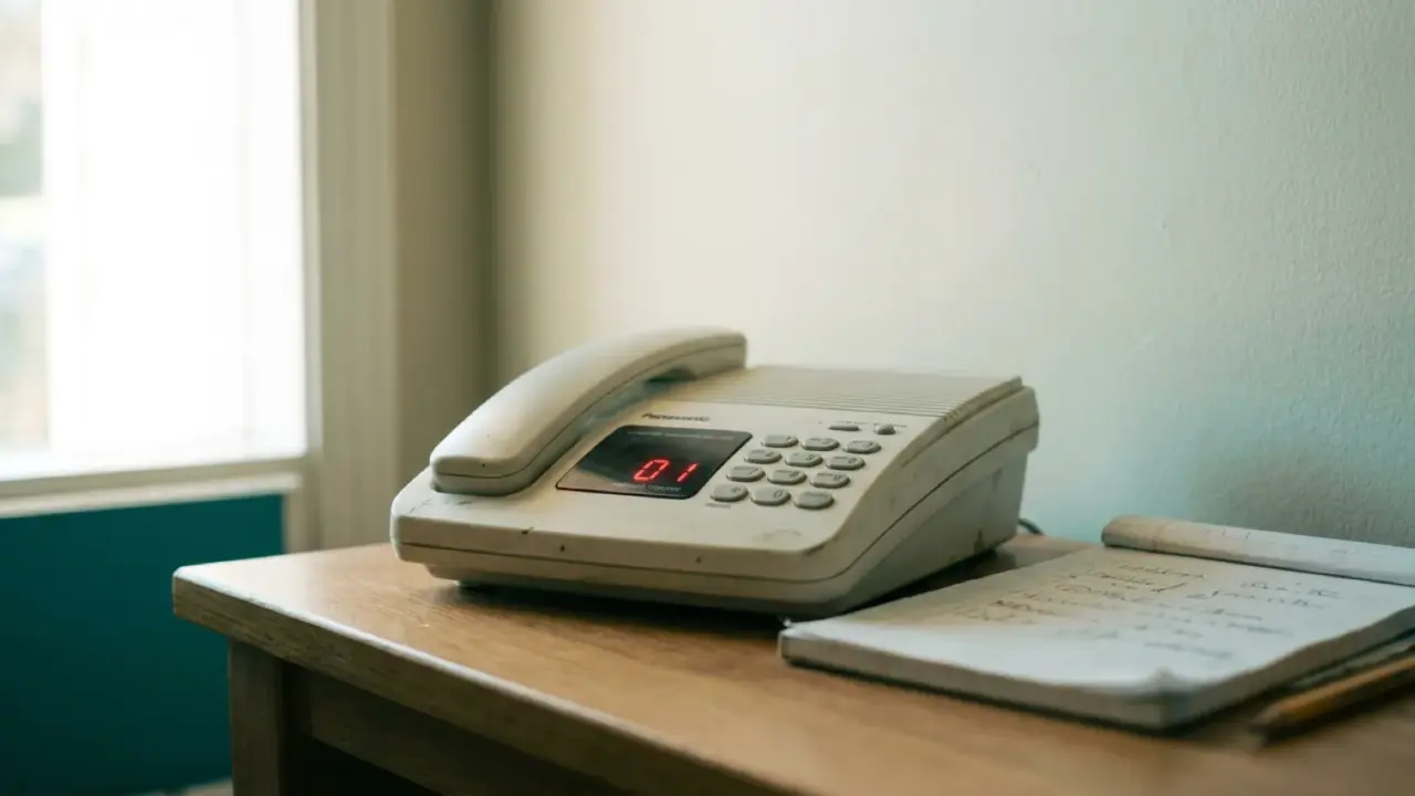 A cordless answering machine on a hallway table with a notepad and pencil beside it