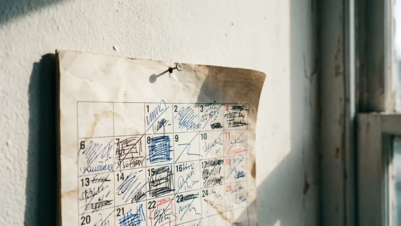 A paper wall calendar filled with dense handwriting, pinned to a white wall