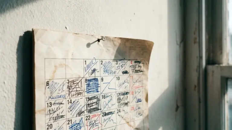 A paper wall calendar filled with dense handwriting, pinned to a white wall