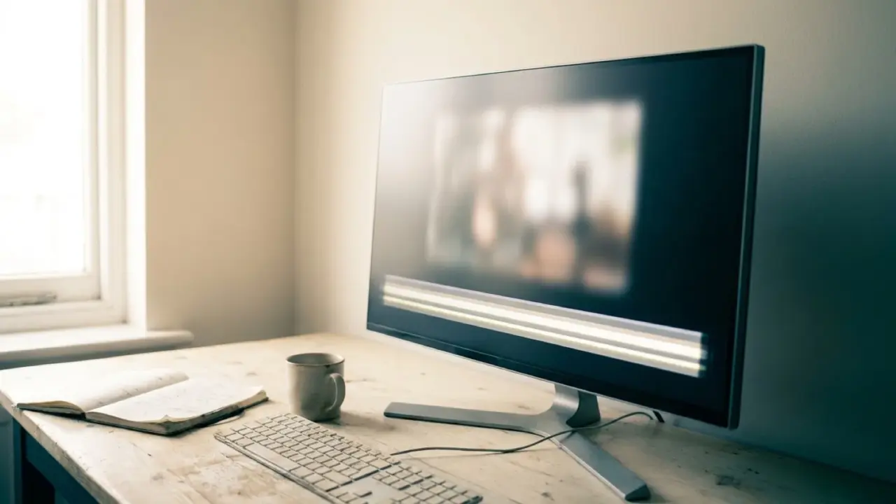 A wide monitor showing a video with a long progress bar, a mug and notebook beside the keyboard