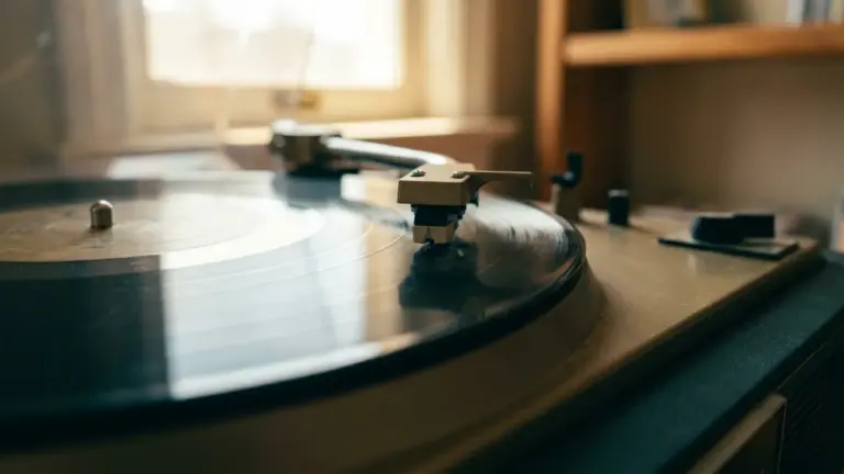 Extreme close-up of a record player tonearm resting in the groove of a vinyl record
