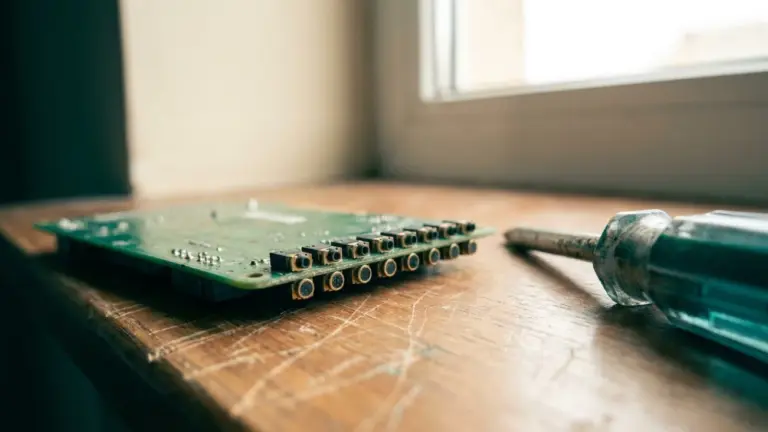 Close-up of a small circuit board with a row of tiny microphone ports along its edge