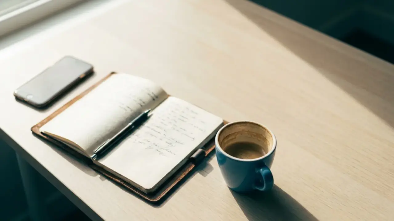 A phone, open notebook, dropped pen and half-full cup on a desk, seen from above