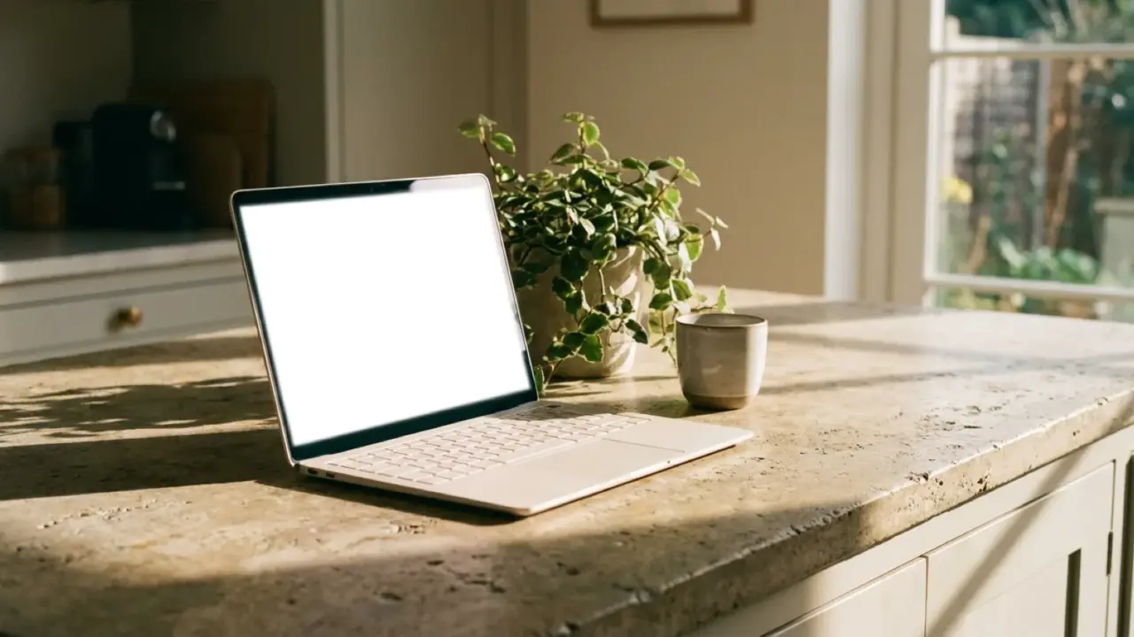 A laptop open on a kitchen island beside a plant and a cup in morning light