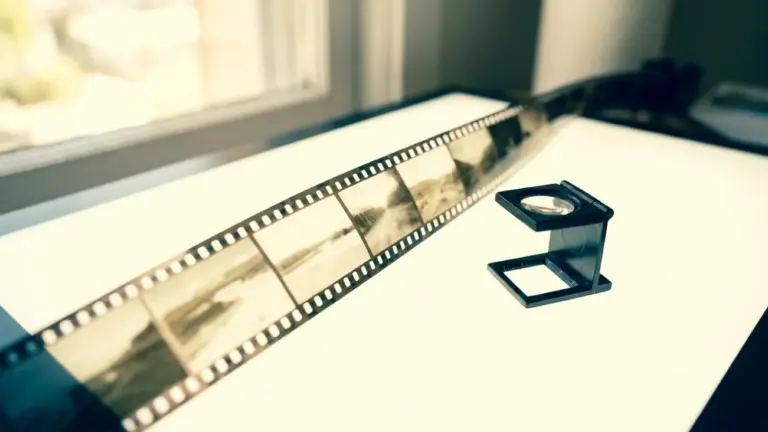 A strip of 35mm film lying across a lightbox with a loupe resting beside it
