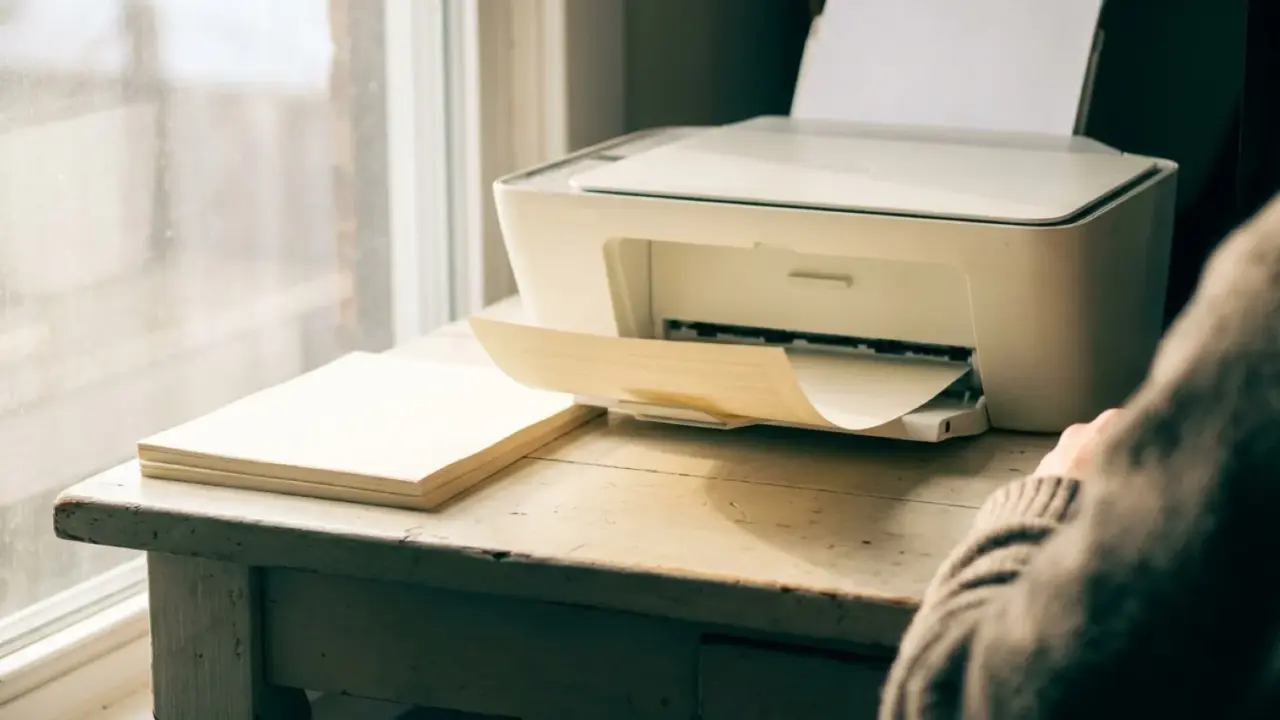 A freshly printed page emerging from a desktop printer beside a stack of finished pages