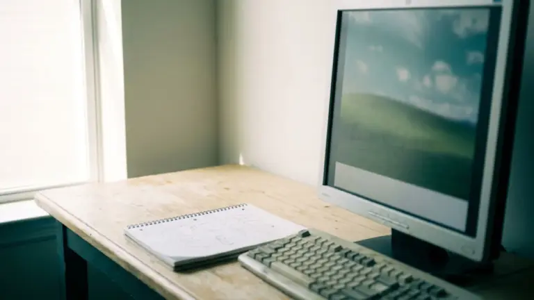 A monitor showing a video with a caption bar, a notepad with handwriting beside the keyboard