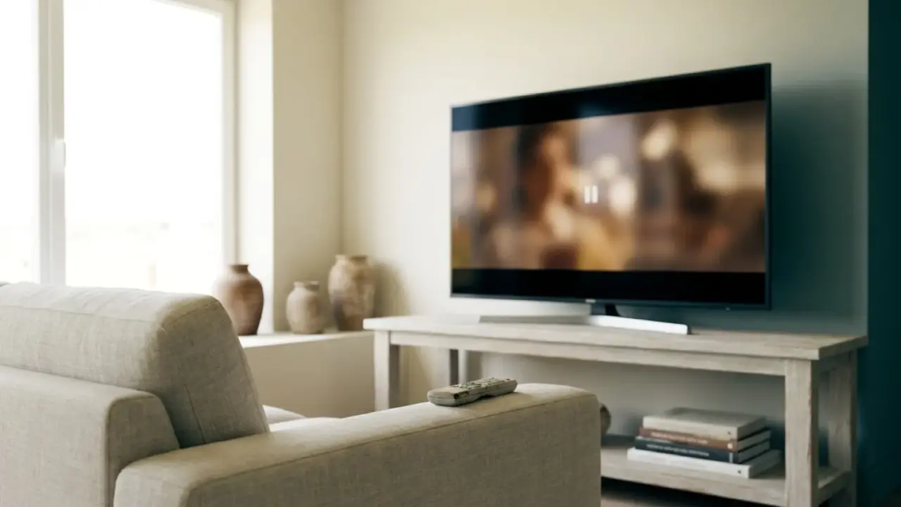 A television on a stand showing a paused frame, a remote control on the arm of a sofa