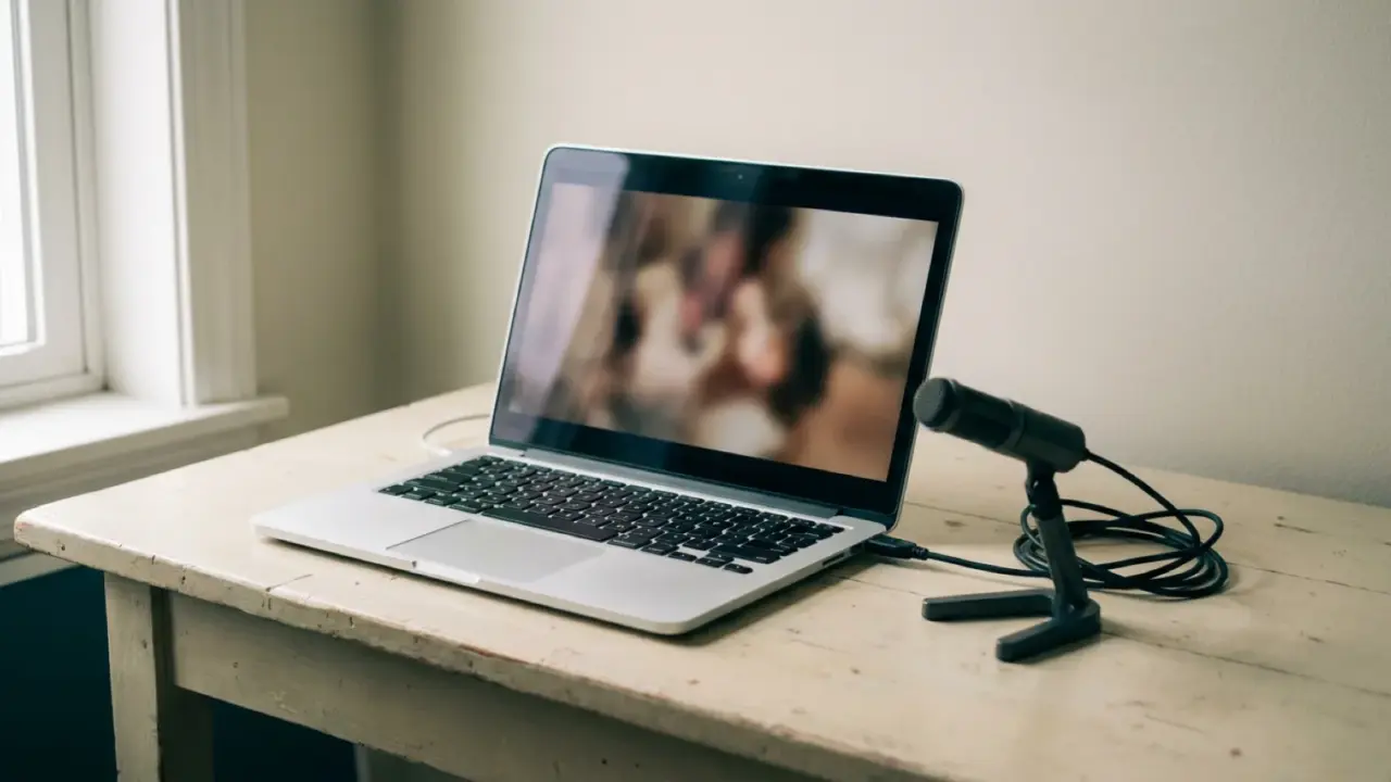 An open laptop showing a paused video, an external microphone on a stand beside it