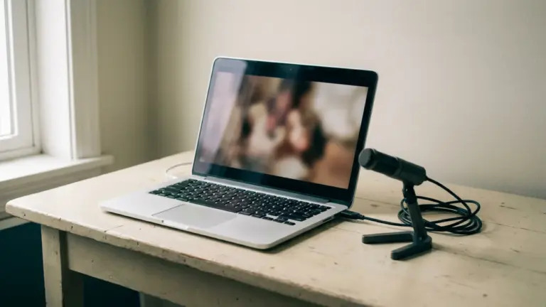 An open laptop showing a paused video, an external microphone on a stand beside it