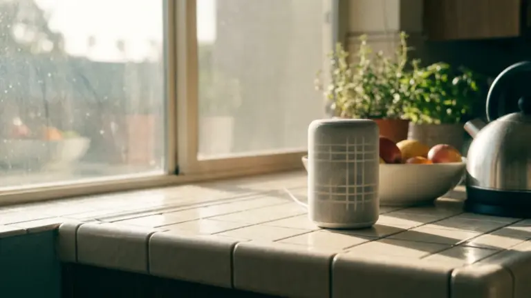 A small smart speaker on a kitchen counter beside a bowl of fruit and a kettle