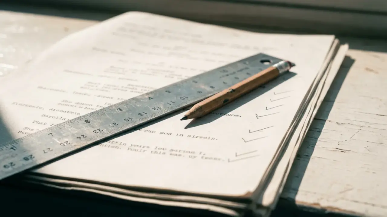 A metal ruler and pencil laid across a printed script, with tick marks down the margin