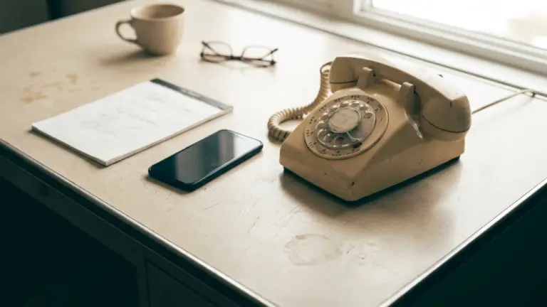 An old desk telephone beside a smartphone on a desk, a notepad with pencil scribbles between them