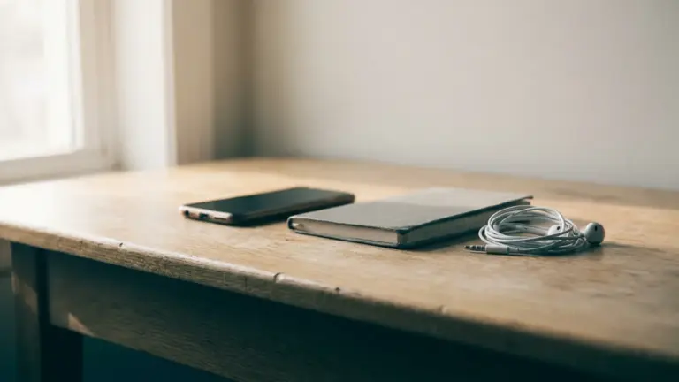 A phone lying face down on a desk beside a closed notebook and coiled earphones