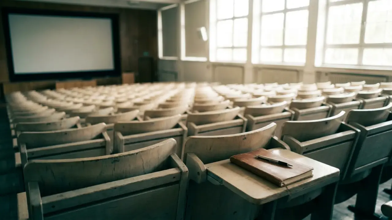 Empty university lecture hall in daylight, seen from the back row, with an open notebook on the nearest desk