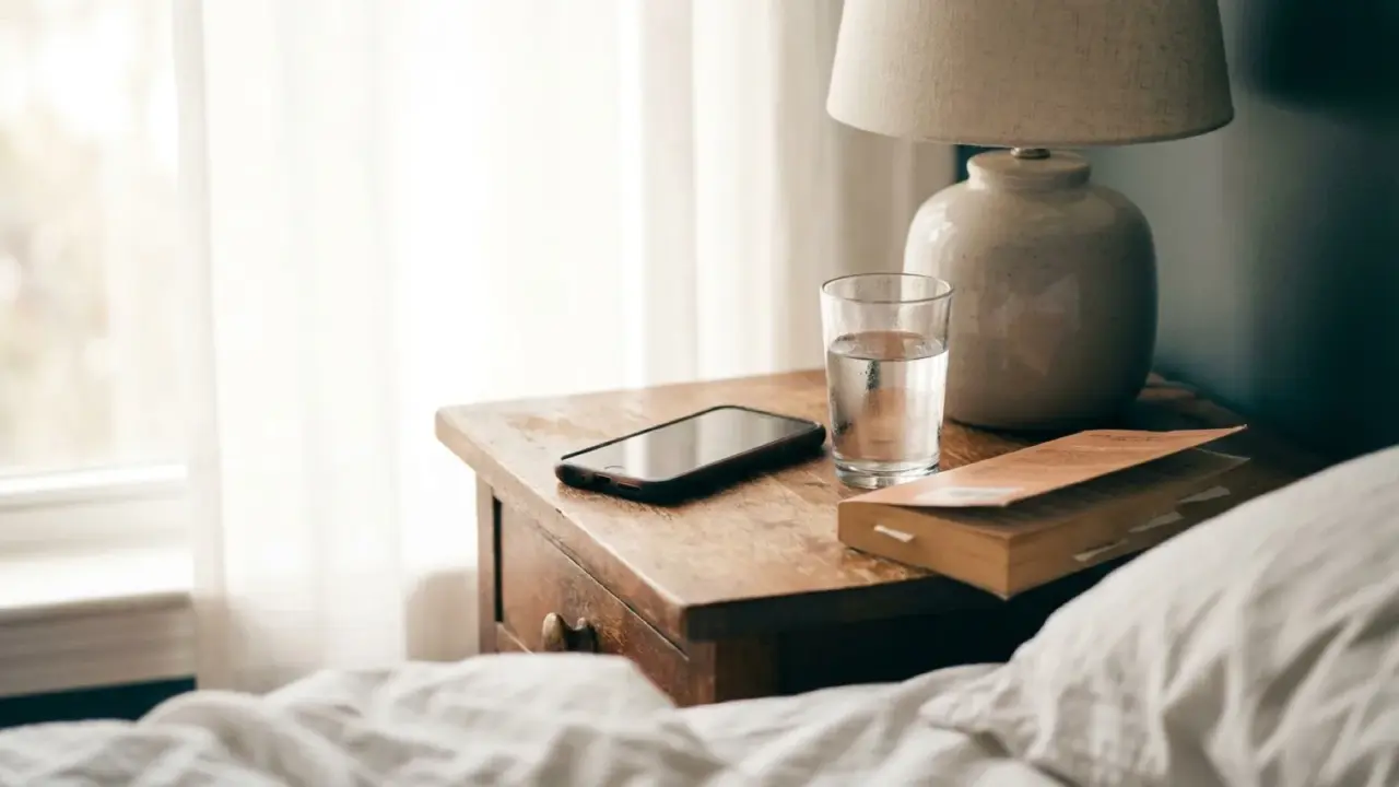 A phone lying face-down on a bedside table beside a glass of water and a lamp