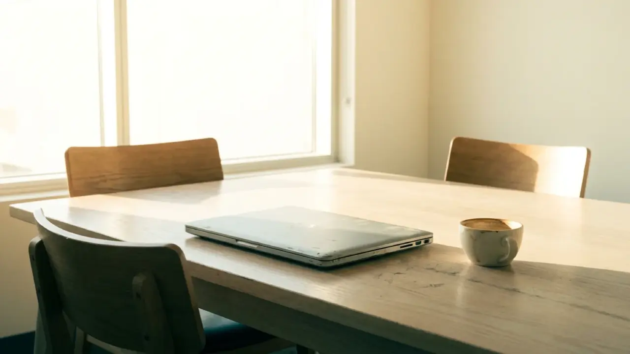 A closed laptop and a half-finished cup of coffee on a meeting-room table, chairs pushed back