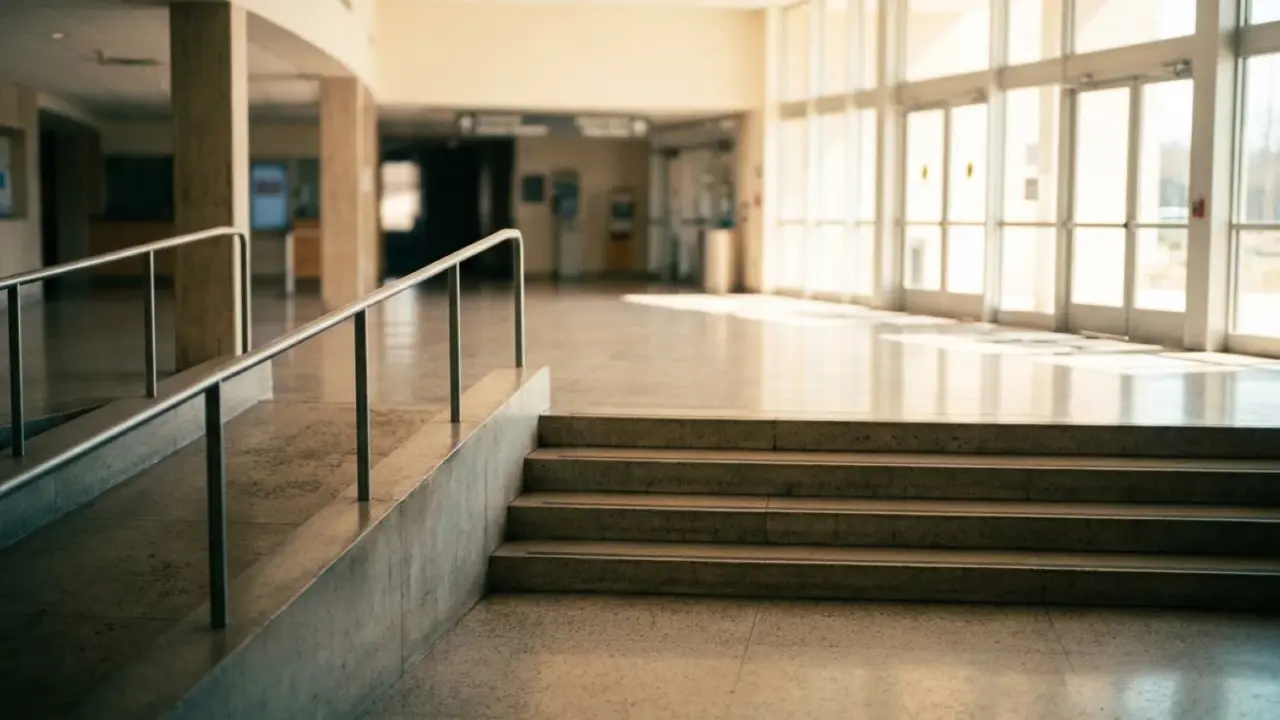 A bright public building lobby with a ramp running beside steps and glass doors