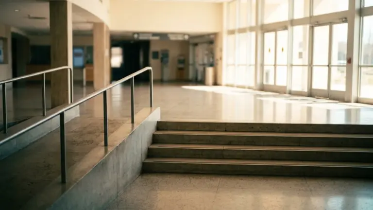 A bright public building lobby with a ramp running beside steps and glass doors