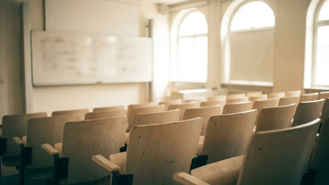 An empty lecture hall seen from a middle row, seats sloping down towards a white board