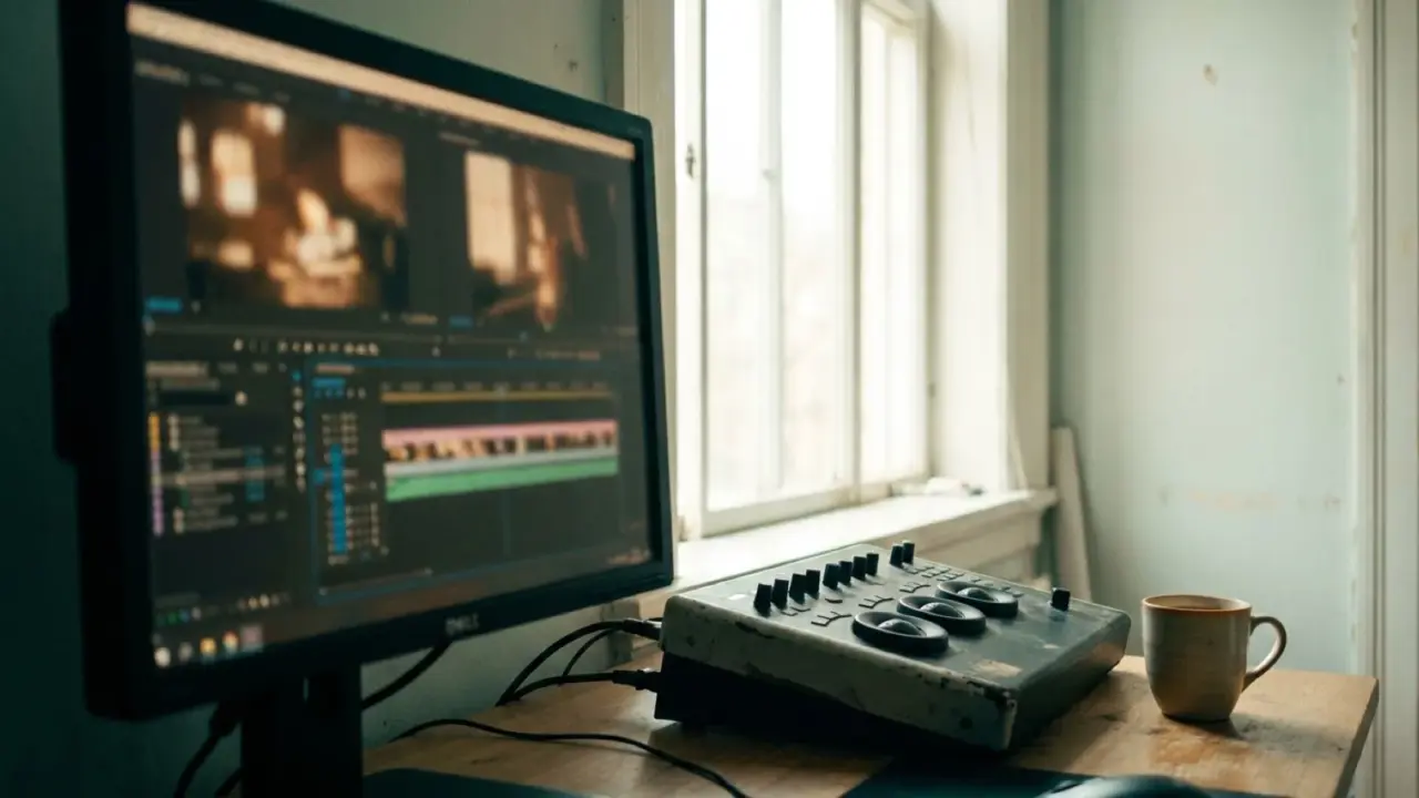 An editing desk with a wide monitor showing defocused footage and a control surface