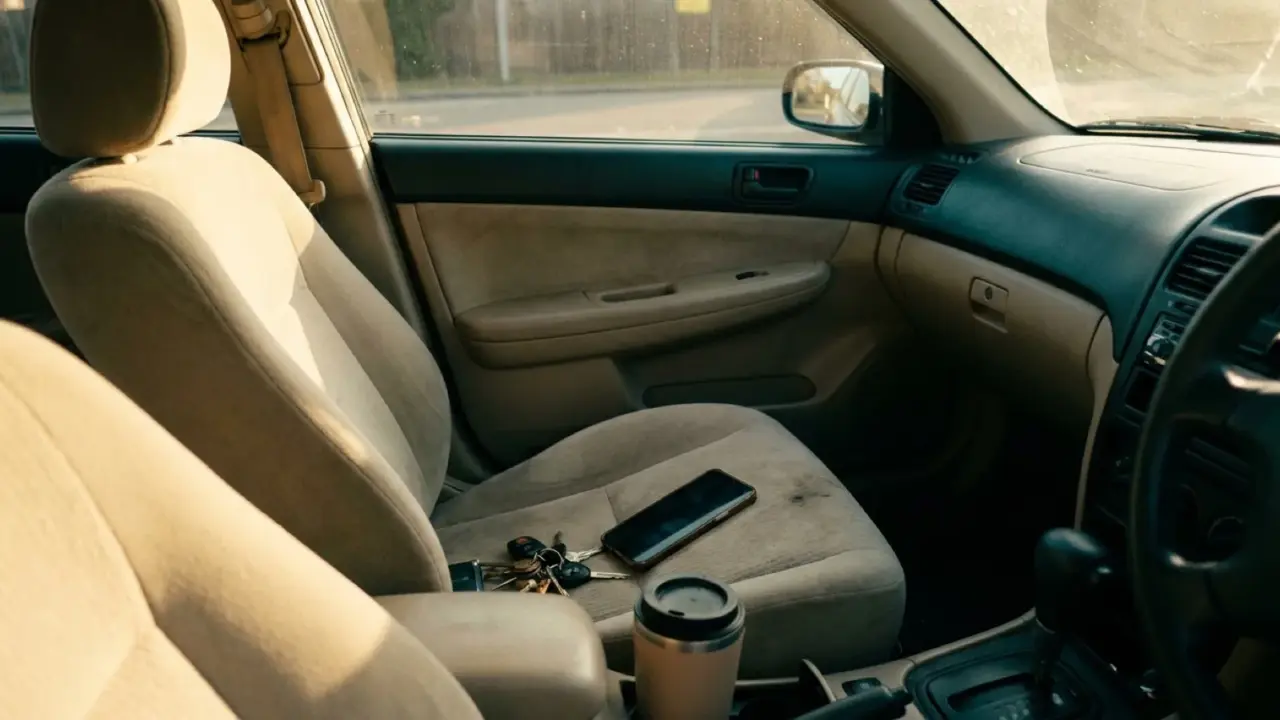 A phone lying face-up on a car passenger seat beside keys and a takeaway cup, in bright sunlight
