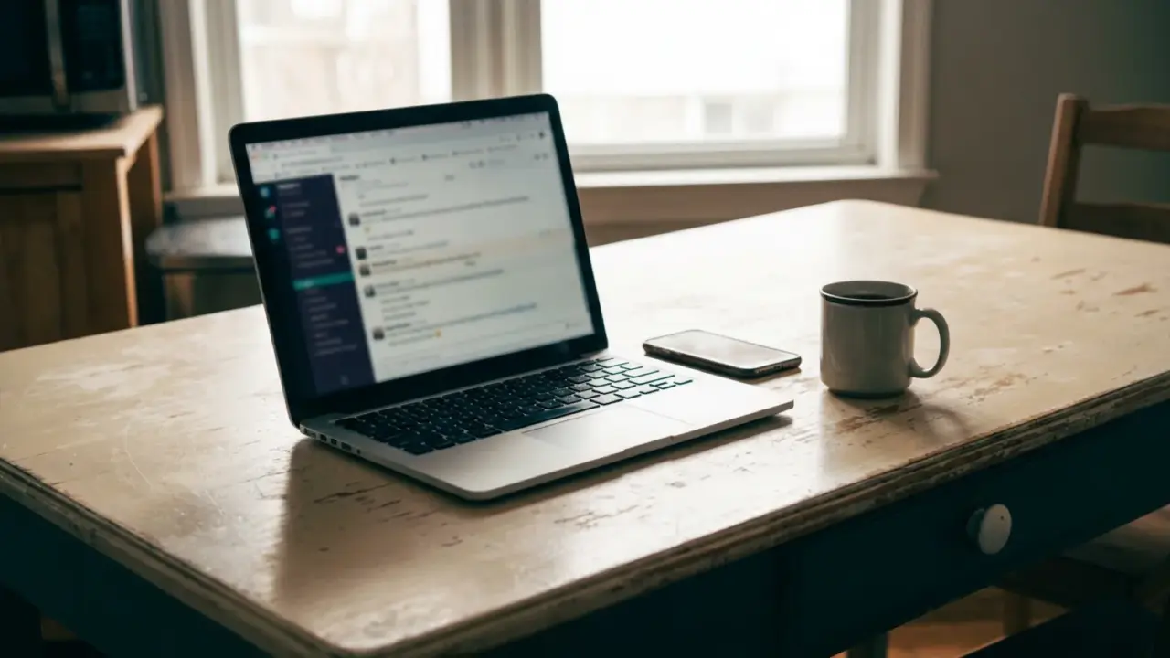 A laptop and a phone on a kitchen table by a window, a cup of tea beside them
