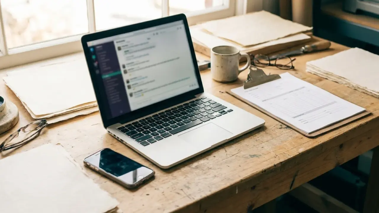 A laptop showing a chat window on a workbench, a phone and a clipboard with a printed form beside it