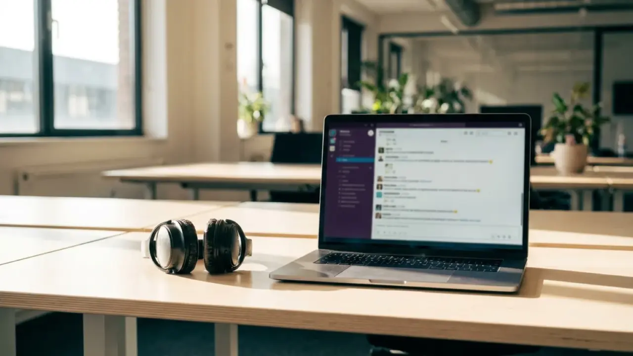 A laptop showing a chat on an open-plan office desk, headphones lying unused beside the keyboard