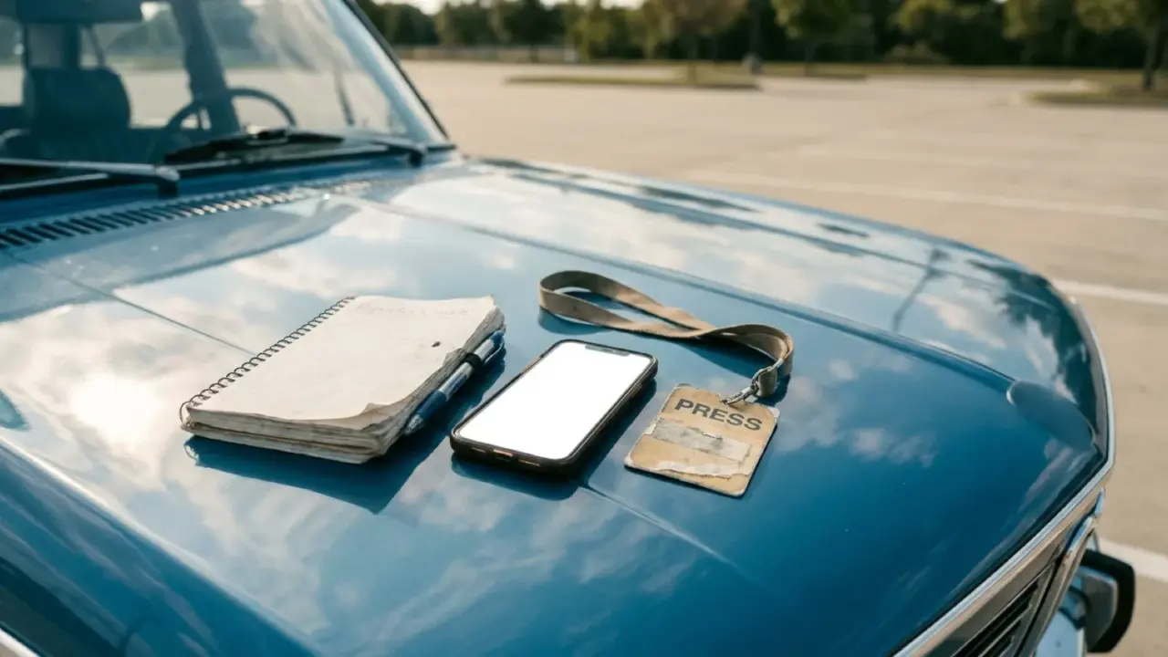 A notebook, phone, lanyard and pen laid out on the bonnet of a car in sunlight