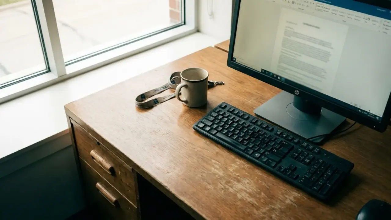 An office desk with the keyboard pushed to one side and a monitor out of focus