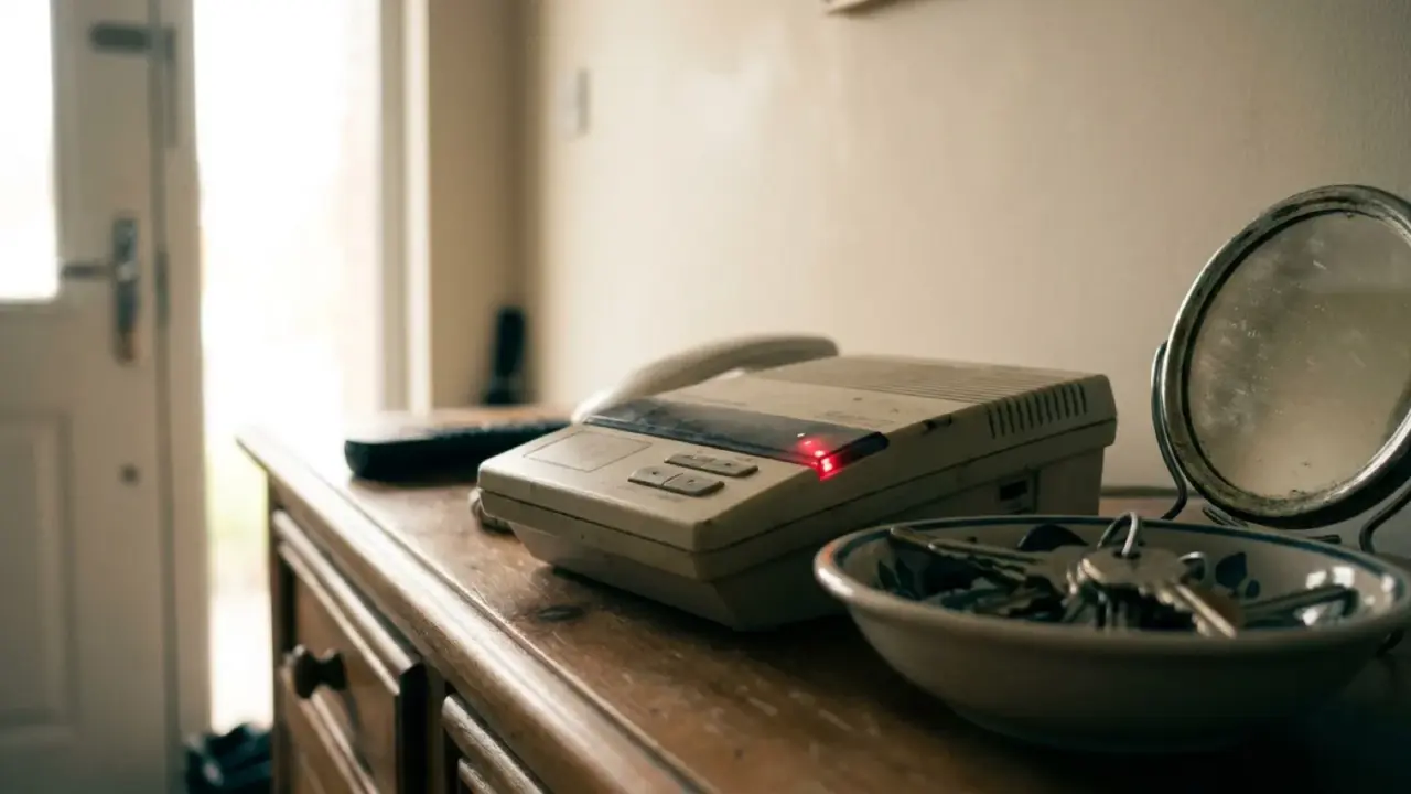 An old answering machine with a blinking light on a hallway console table