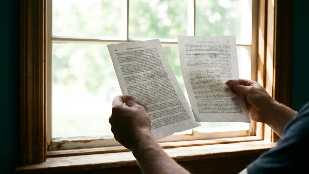 Two nearly identical printed pages held up side by side against a bright window