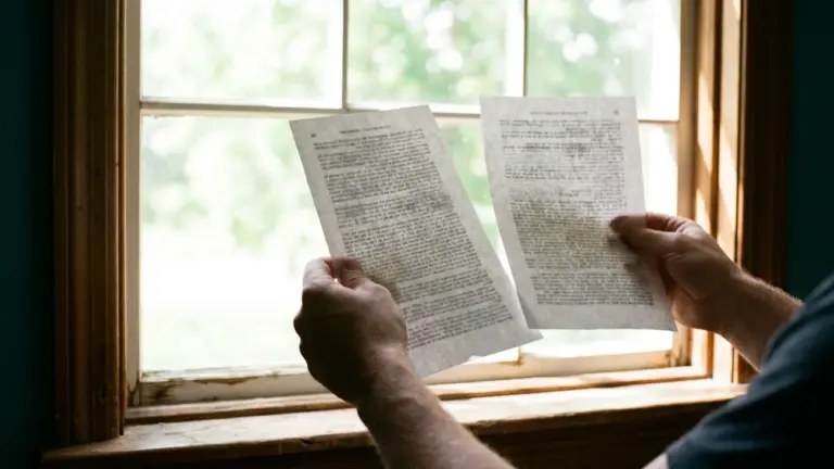 Two nearly identical printed pages held up side by side against a bright window