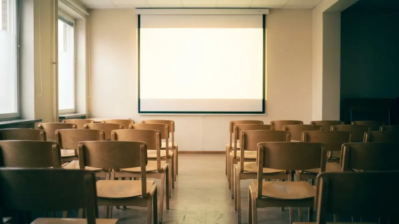 An empty seminar room seen from the back, a blank projector screen lit at the front