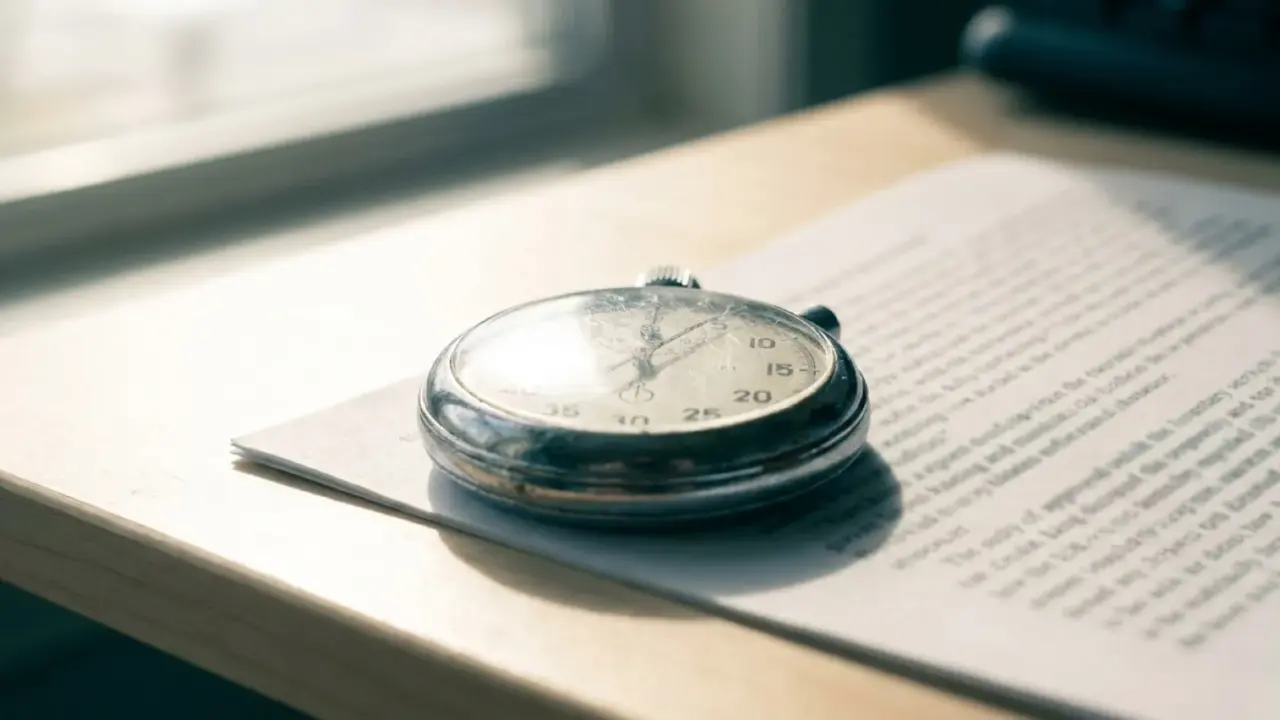 An old mechanical stopwatch resting on a printed page in strong daylight