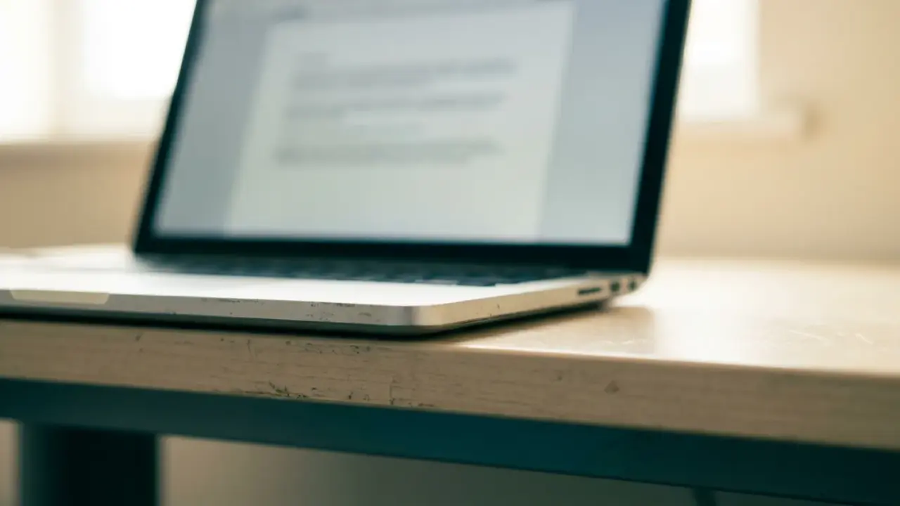 A defocused laptop screen showing rows of plain text lines, the keyboard edge in the foreground