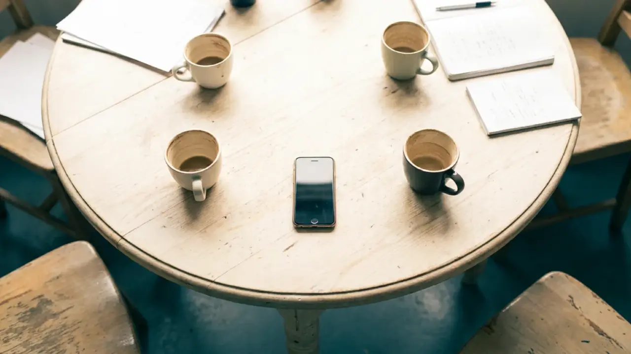 A round table seen from above with four coffee cups around it and a phone in the centre
