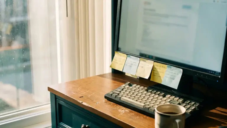 Sticky notes stuck along the bezel of a monitor on an office desk by a window