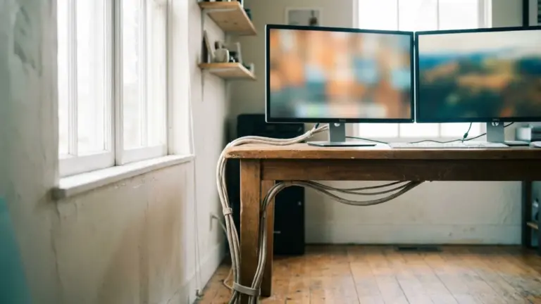 A two-monitor desk setup seen from the side, both screens showing defocused colour