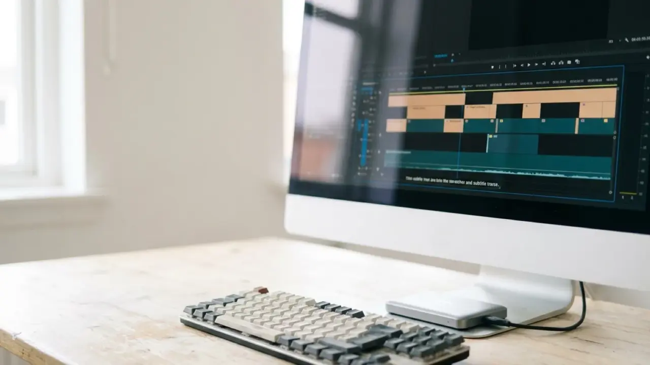 A monitor showing an editing timeline with a separate subtitle track under the video