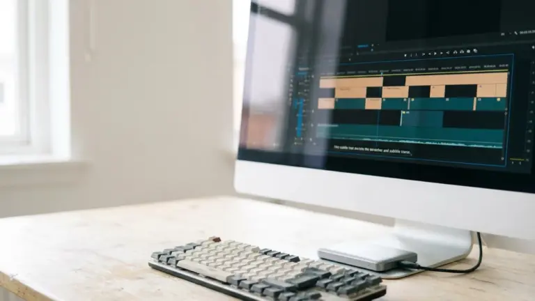 A monitor showing an editing timeline with a separate subtitle track under the video