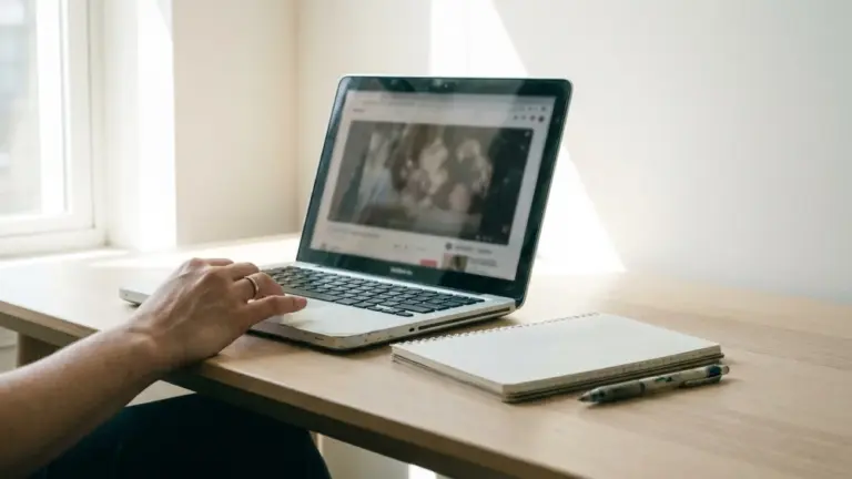 An open laptop showing a paused video on a desk, a notebook and pen beside it