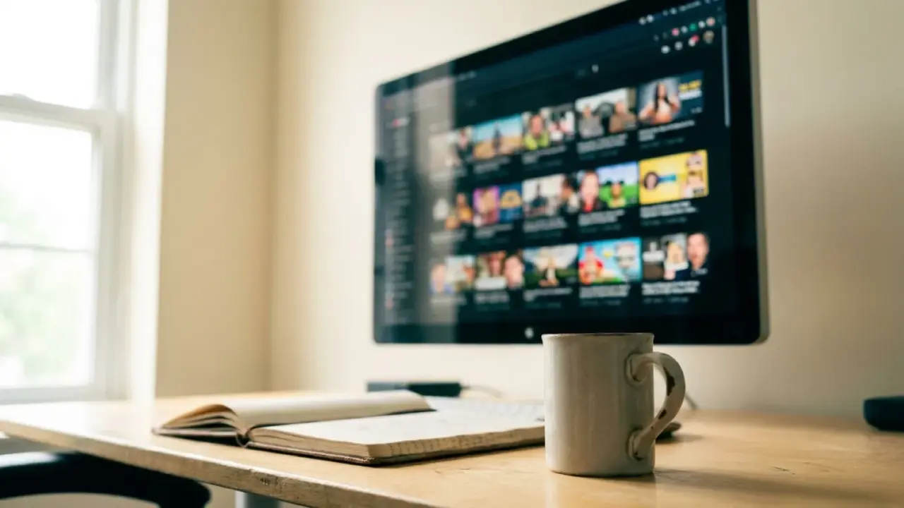 A monitor showing a grid of video thumbnails out of focus, with a cup in the foreground
