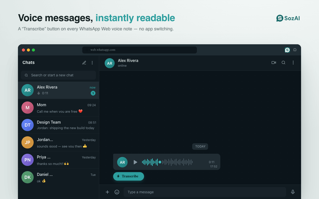 A Transcribe button on every voice note