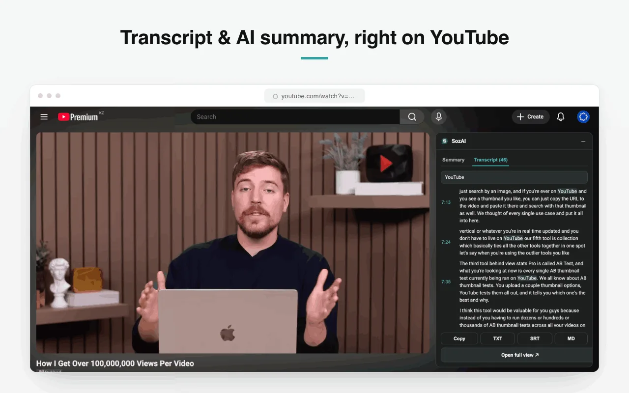 The transcript opens beside the video