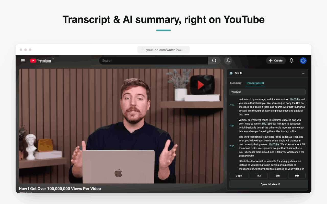The transcript opens beside the video