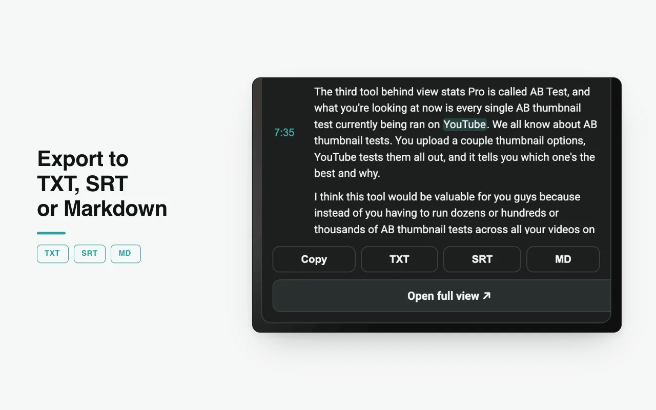 Copy it, or export TXT, SRT or Markdown