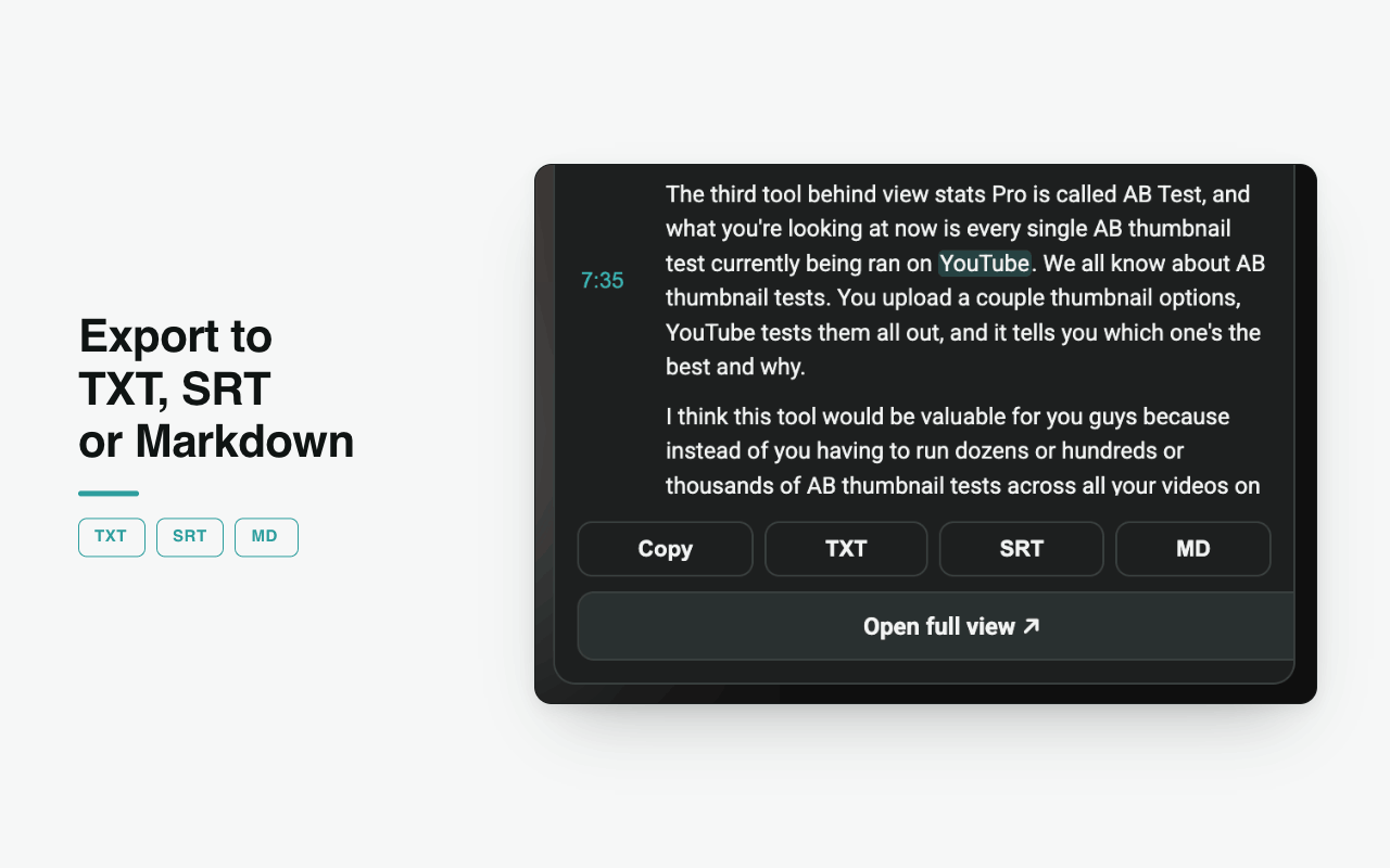 Copy it, or export TXT, SRT or Markdown